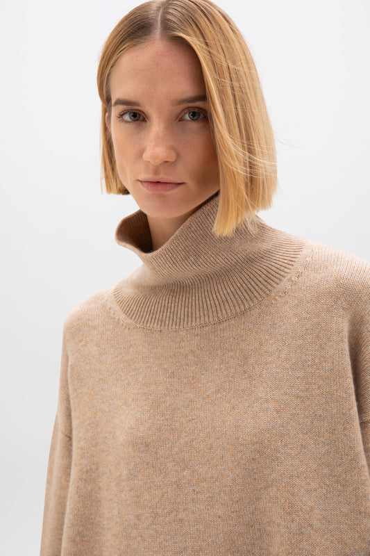 Johnstons of Elgin AW24 Women's Knitwear Oatmeal Slouchy Cashmere Roll Neck KAA05305HB0210