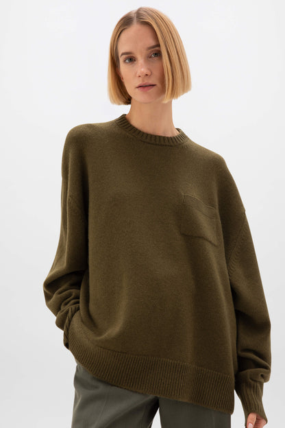 Johnstons of Elgin AW24 Unisex Knitwear Olive Unisex Oversized Cashmere Sweater KAA05310SC4573