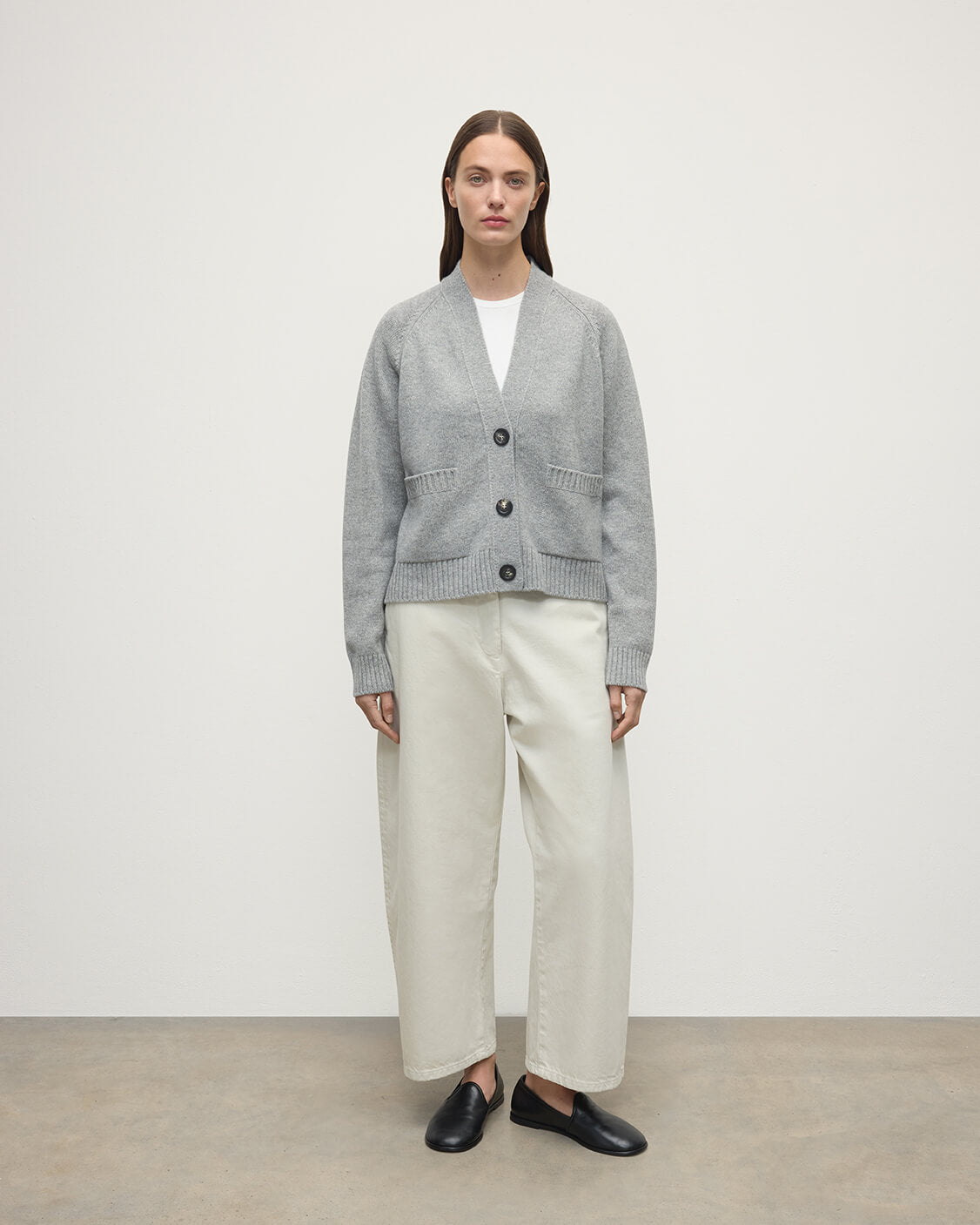 Relaxed Fit Light Grey Cashmere Cardigan
