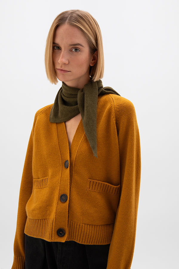 Woman wearing a mustard yellow cardigan and green scarf on a white background KAA05320SF4347