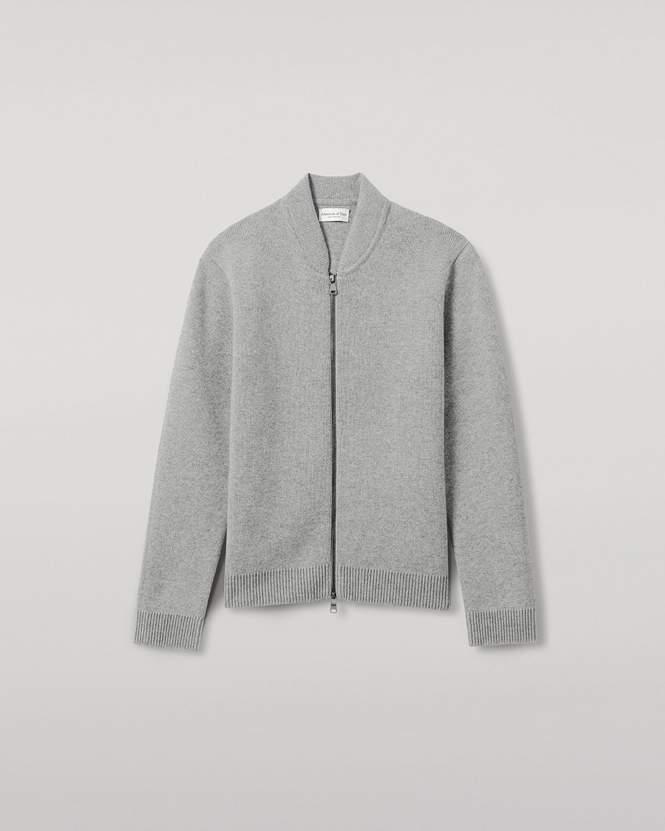 Johnstons of Elgin AW25 Men's Knitwear Light Grey Cashmere Milano Stitch Zip Jacket on a white backdrop KAA05443HA0308