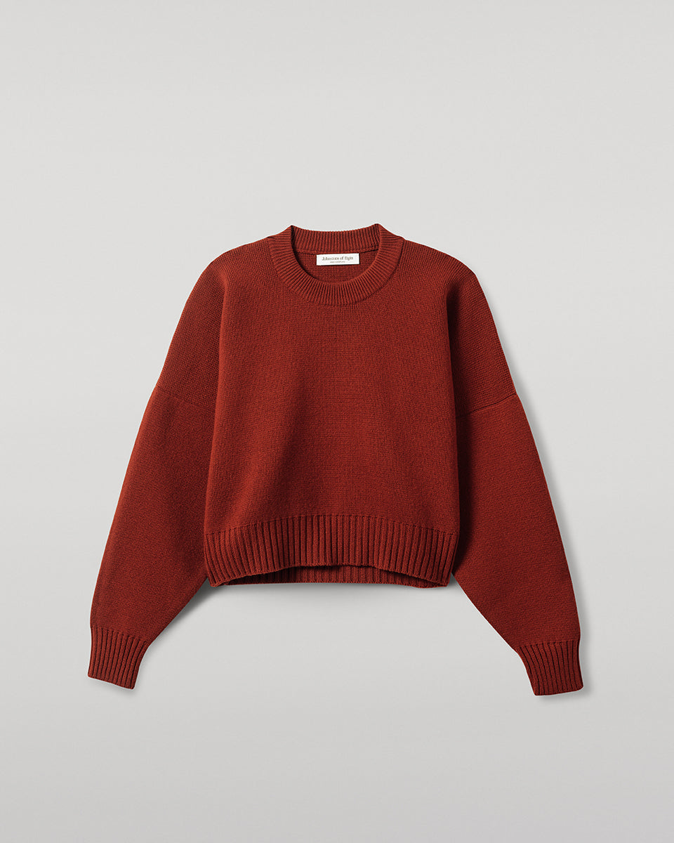 Johnstons of Elgin AW25 Women's Knitwear Oxblood Cropped Milano Red Cashmere Jumper close up KAA05488SG4463