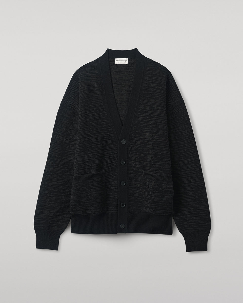 Johnstons of Elgin AW25 Men's Knitwear Black & Iron Plaited Texture Black Cashmere Cardigan Close Up  KAA05579Q25387