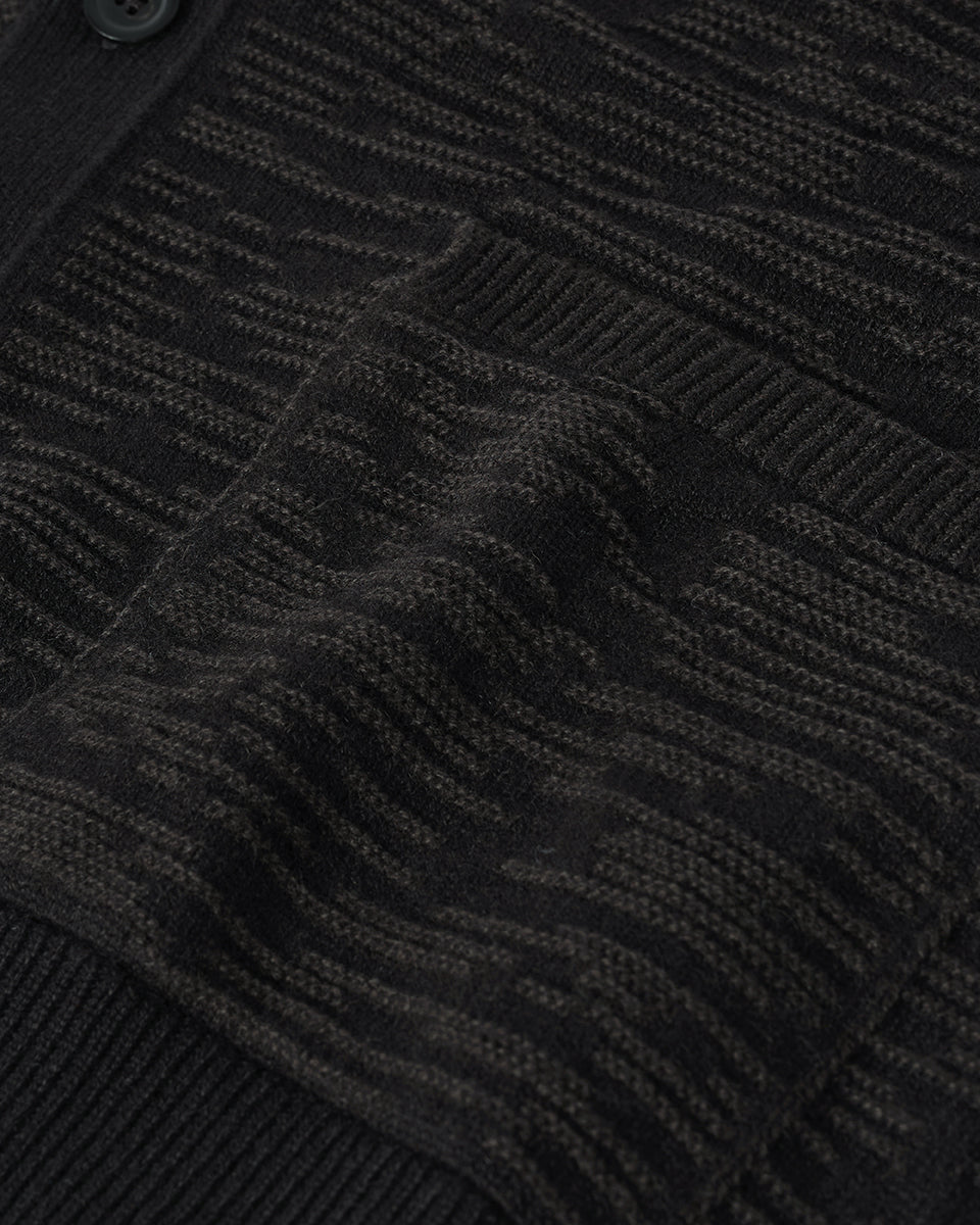 Johnstons of Elgin AW25 Men's Knitwear Black & Iron Plaited Texture Black Cashmere Cardigan Close Up  KAA05579Q25387