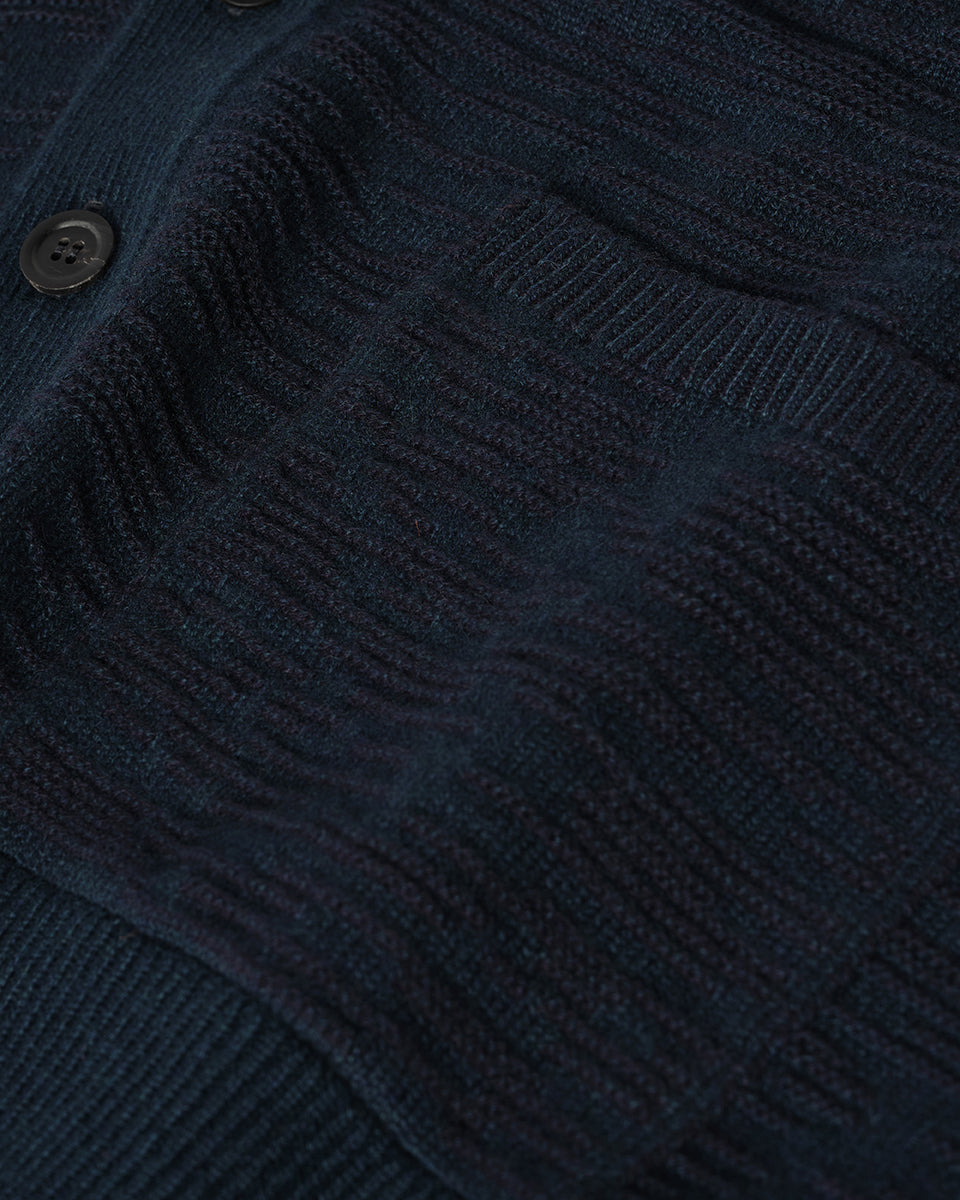 Johnstons of Elgin AW25 Men's Knitwear Bottle Green & Dark Navy Plaited Texture Green Cashmere Cardigan KAA05579Q25389