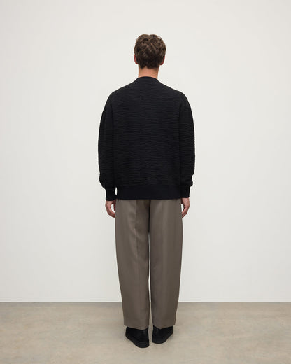 Model wearing Johnstons of Elgin AW25 Men's Knitwear Black & Iron Plaited Texture Black Cashmere Cardigan Back View KAA05579Q25387