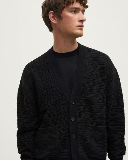 Model wearing Johnstons of Elgin AW25 Men's Knitwear Black & Iron Plaited Texture Black Cashmere Cardigan Close Up  KAA05579Q25387
