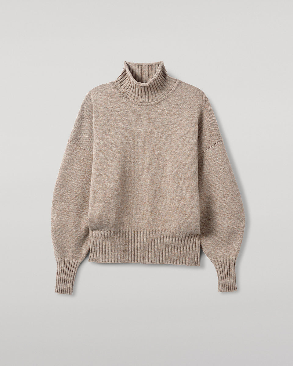 Johnstons of Elgin AW25 Women's Knitwear Ash High Neck Brown Cashmere Jumper close up  KAA05585HB4334