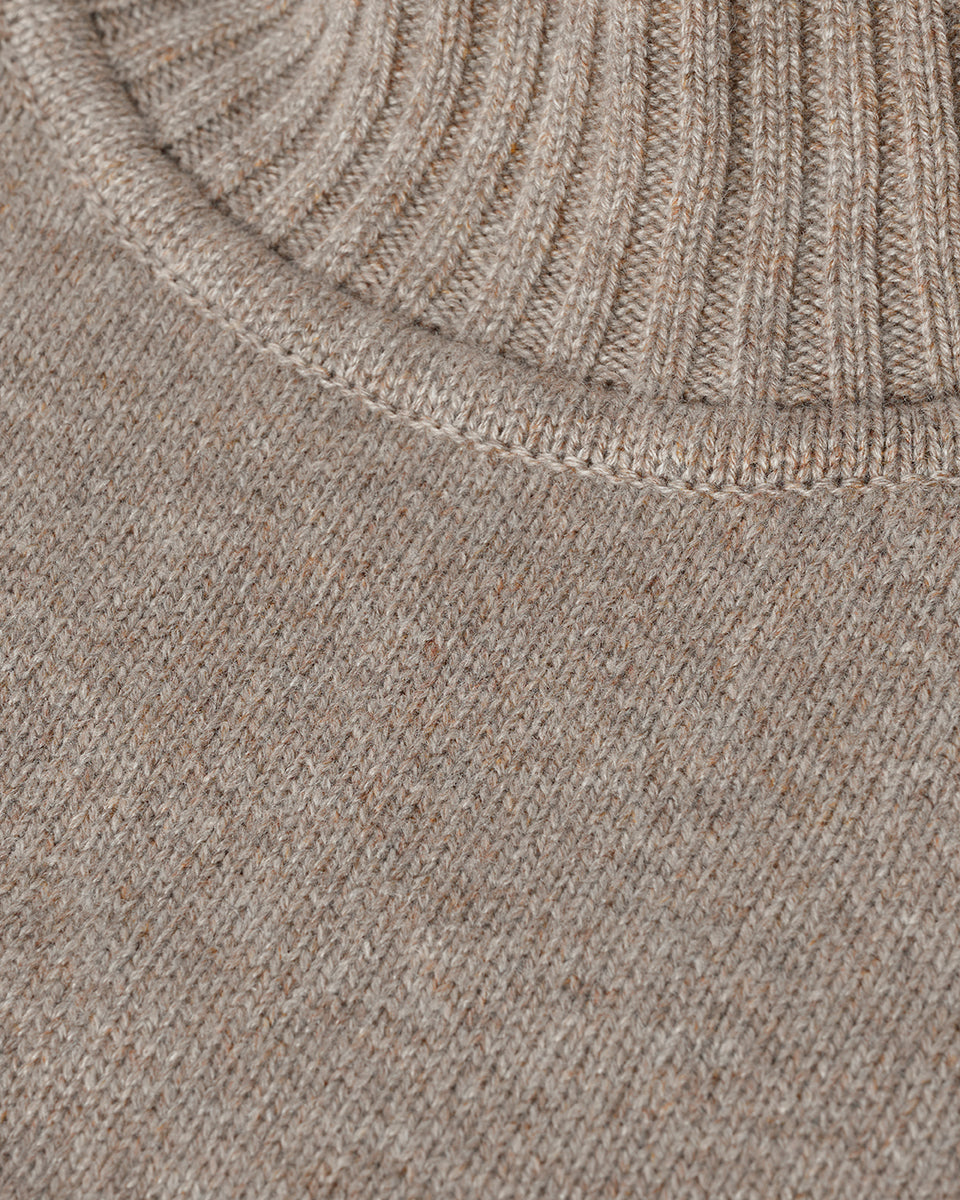 Johnstons of Elgin AW25 Women's Knitwear Ash High Neck Brown Cashmere Jumper close up  KAA05585HB4334