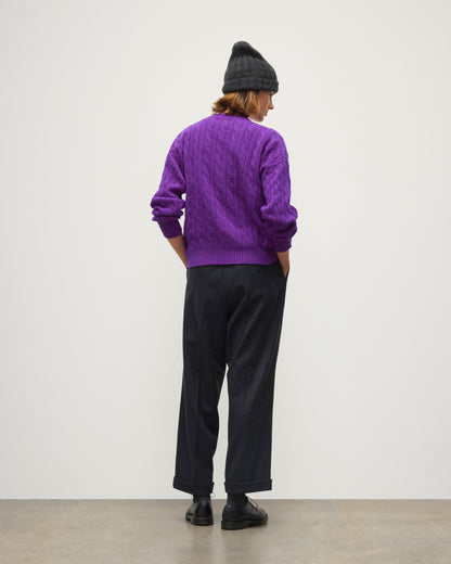 JOHNSTONS OF ELGIN KYLESKU DEEP VEE SWEATER CASHMERE CABLE DEEP VEE SWEATER PURPLE 100% CASHMERE KAA05728SD5372