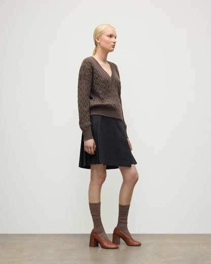 WOMENS KYLESKU DEEP VEE SWEATER BROWN ON A MODEL KAA05728HB7126