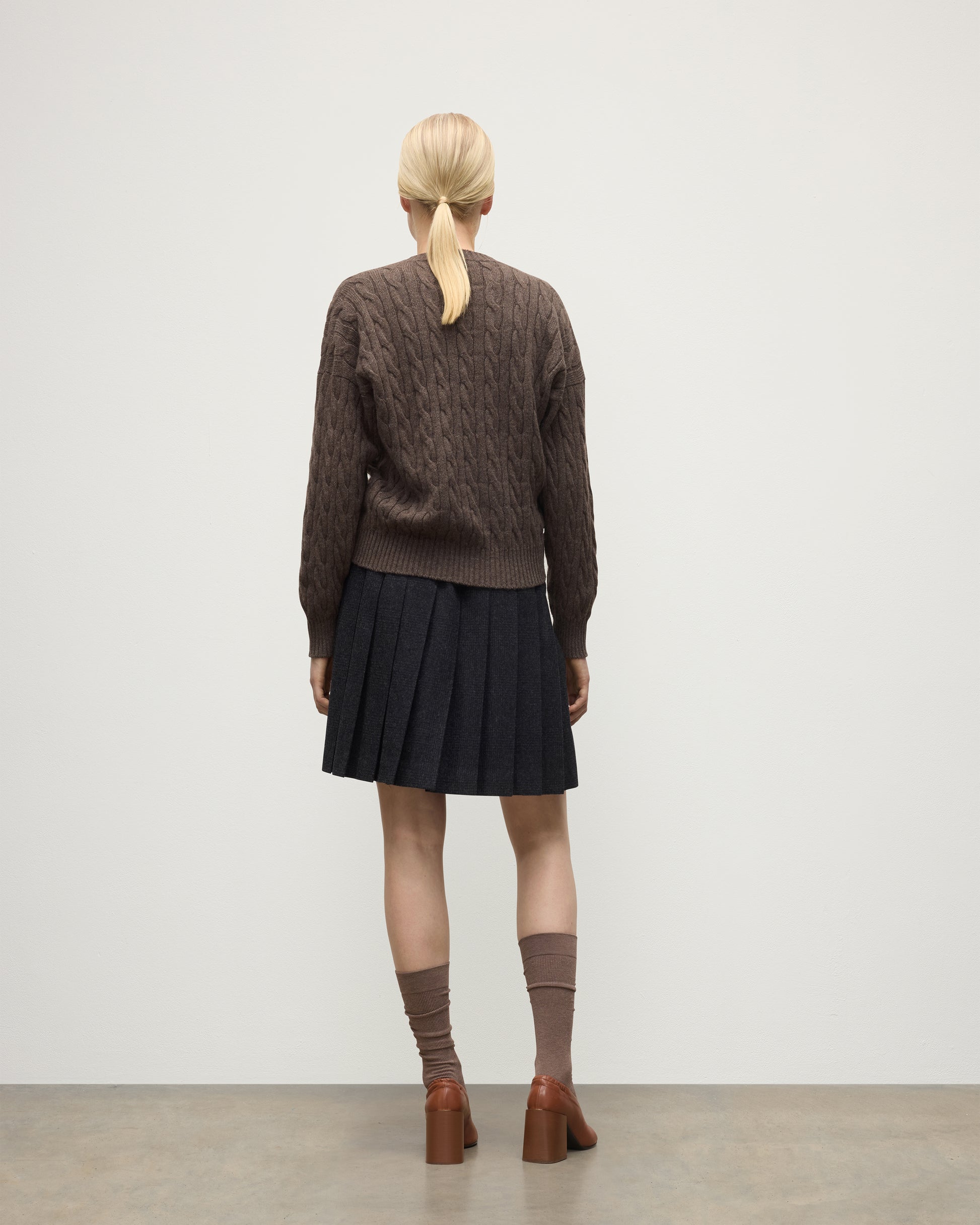 BACK OF WOMENS KYLESKU DEEP VEE SWEATER BROWN ON A MODEL KAA05728HB7126