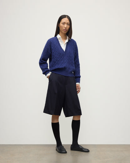 WOMENS KYLESKU DEEP VEE SWEATER BLUE ON A MODEL KAA05728HD4490