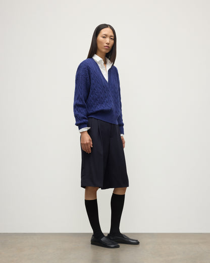 WOMENS KYLESKU DEEP VEE SWEATER BLUE ON A MODEL KAA05728HD4490