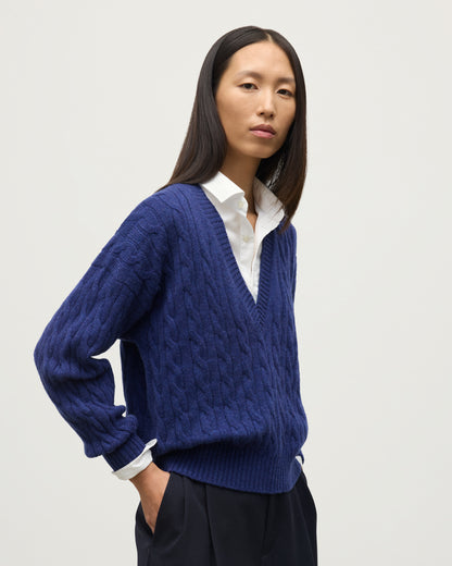 WOMENS KYLESKU DEEP VEE SWEATER BLUE ON A MODEL  CLOSE UP KAA05728HD4490