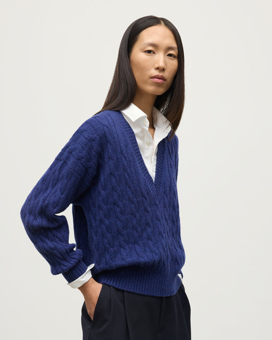 WOMENS KYLESKU DEEP VEE SWEATER BLUE ON A MODEL  CLOSE UP KAA05728HD4490