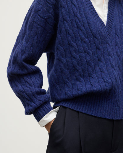 WOMENS KYLESKU DEEP VEE SWEATER BLUE ON A MODEL DETAILS KAA05728HD4490