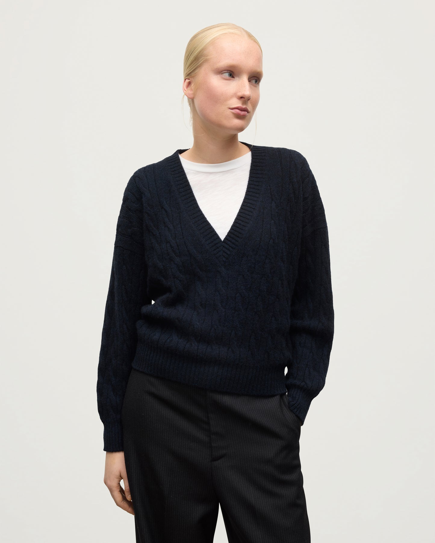 WOMENS KYLESKU DEEP VEE SWEATER NAVY ON A MODEL CLOSE UP KAA05728HD7347