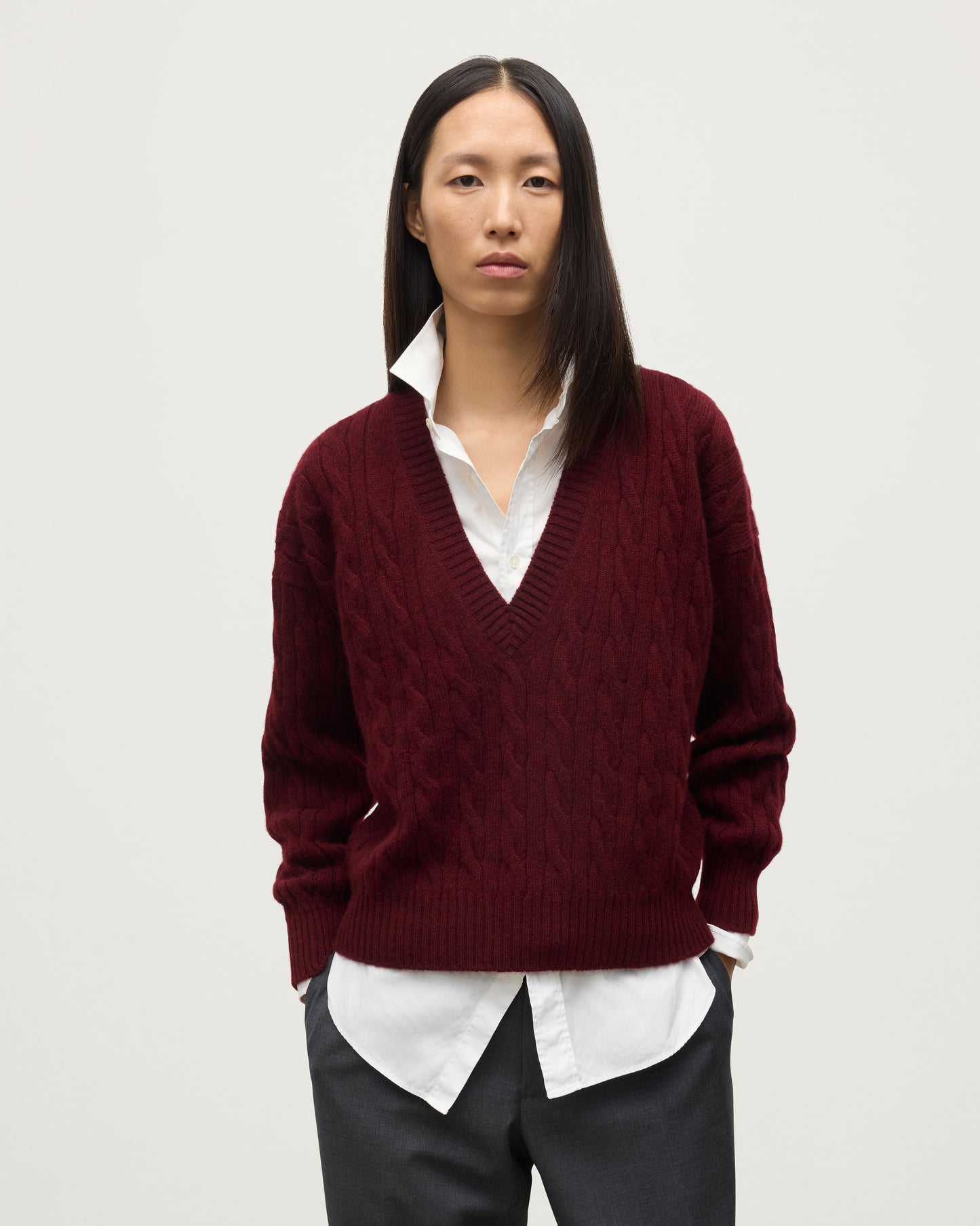 WOMENS KYLESKU DEEP VEE SWEATER RED ON A MODEL CLOSE UP KAA05728HE7068