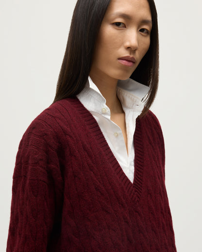 WOMENS KYLESKU DEEP VEE SWEATER RED ON A MODEL DETAILS KAA05728HE7068
