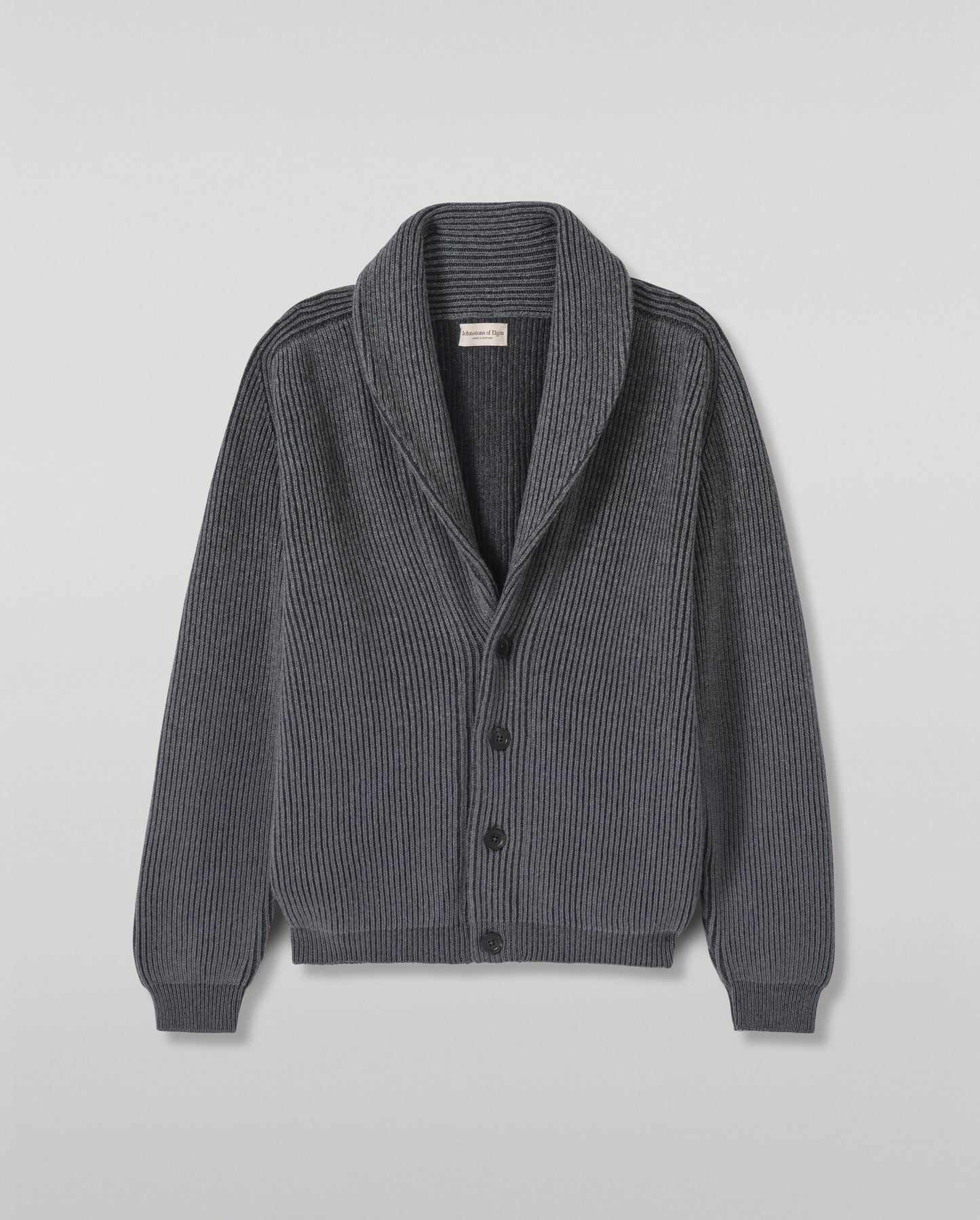JOHNSTONS OF ELGIN PIONEER SHAWL CARDIGAN CASHMERE RIBBED OMBRE SHAWL COLLAR CARDIGAN - 6 PLY GREY 100% CASHMERE KAA05750Q26318