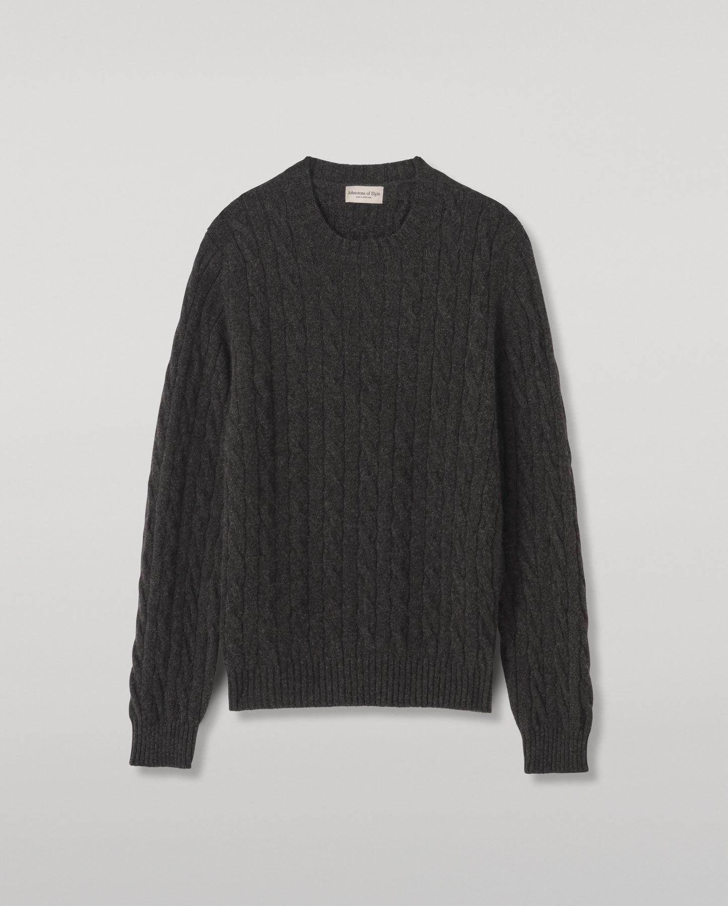 JOHNSTONS OF ELGIN CALDER CREW SWEATER CASHMERE CABLE CREW SWEATER DARK GREY 100% CASHMERE KAA05754HA7241