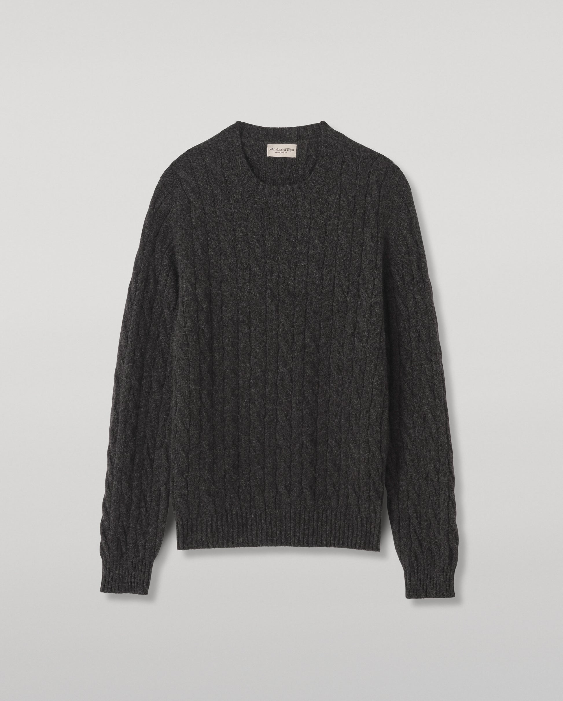 JOHNSTONS OF ELGIN CALDER CREW SWEATER CASHMERE CABLE CREW SWEATER DARK GREY 100% CASHMERE KAA05754HA7241