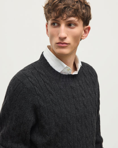 JOHNSTONS OF ELGIN CALDER CREW SWEATER CASHMERE CABLE CREW SWEATER DARK GREY 100% CASHMERE KAA05754HA7241