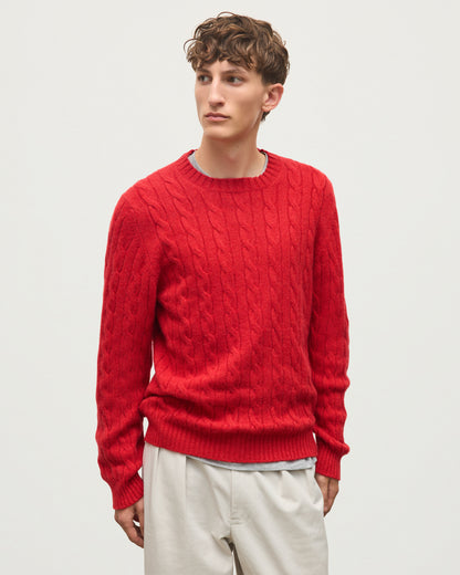 JOHNSTONS OF ELGIN CALDER CREW SWEATER CASHMERE CABLE CREW SWEATER RED 100% CASHMERE KAA05754HE4390