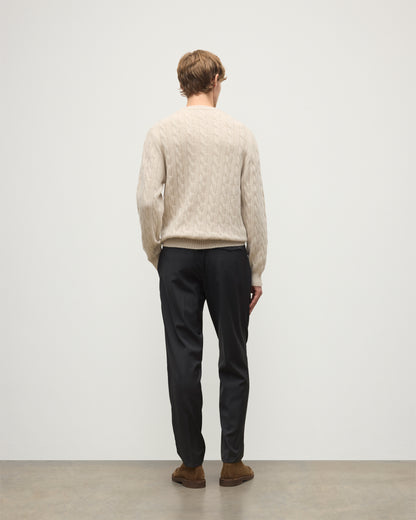 JOHNSTONS OF ELGIN MENS CALDER CREW SWEATER CREAM 100% CASHMERE WORN BY A MODEL, OVER A WHITE T-SHIRT & NAVY TROUSERS KAA05754HA0396