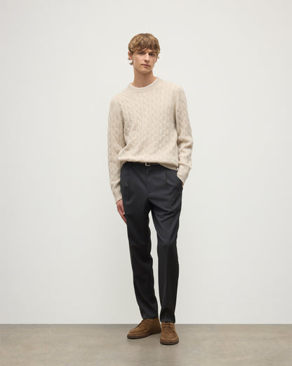 JOHNSTONS OF ELGIN MENS CALDER CREW SWEATER CREAM 100% CASHMERE WORN BY A MODEL, OVER A WHITE T-SHIRT & NAVY TROUSERS KAA05754HA0396