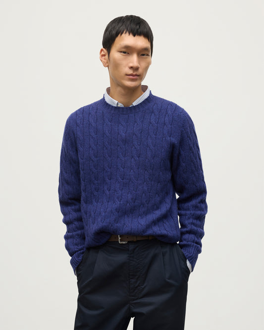 JOHNSTONS OF ELGIN MENS CALDER CREW SWEATER BLUE 100% CASHMERE WORN OVER A BLUE SHIRT WITH NAVY TROUSERS KAA05754HD4490