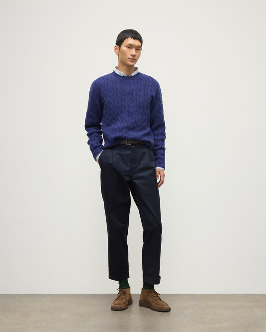 Johnstons of Elgin Men's 100% Cashmere Cable Sweater in Moray Blue KAA05754HD4490