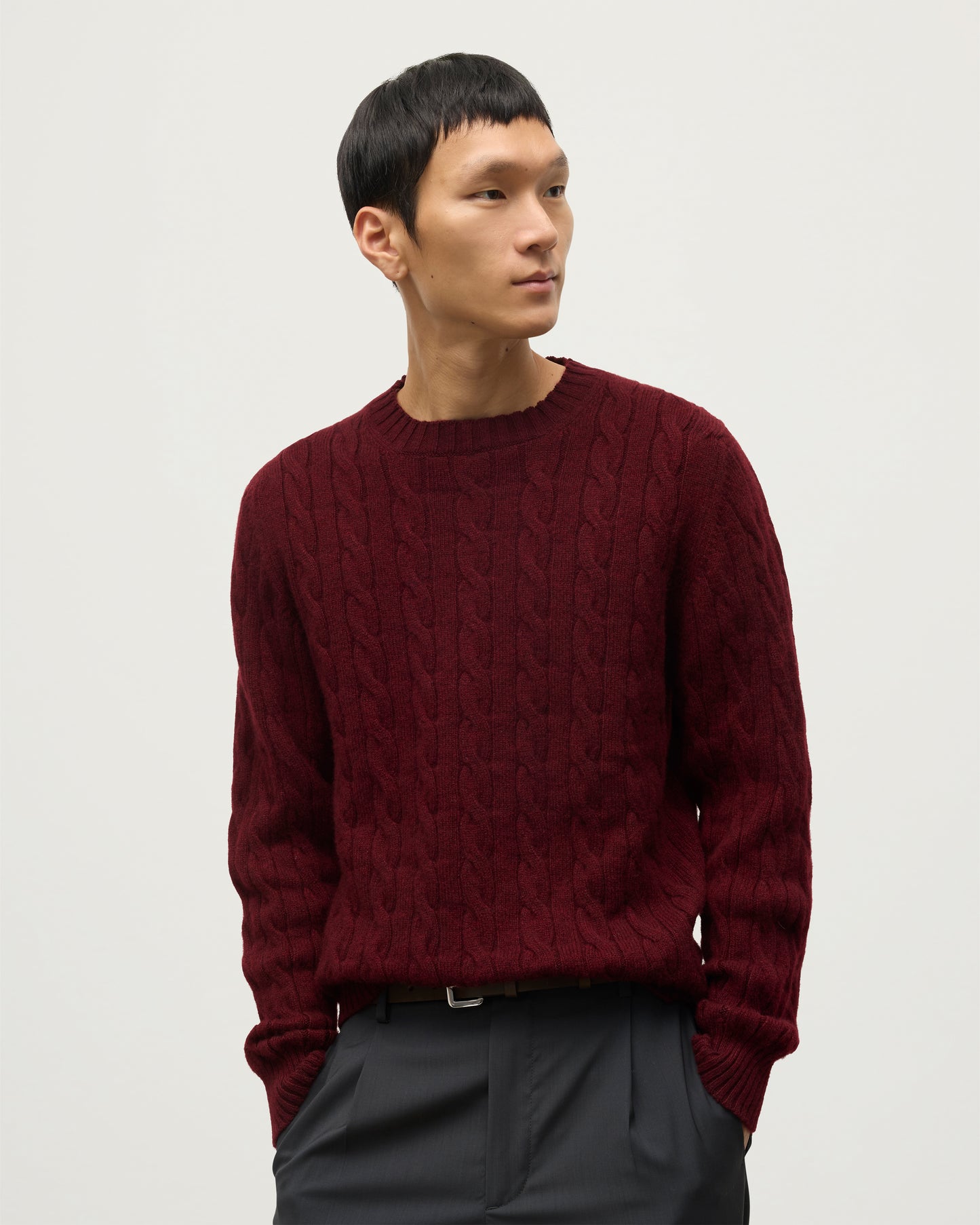 JOHNSTONS OF ELGIN MENS CALDER CREW SWEATER DARK RED 100% CASHMERE WITH BELTED NAVY TROUSERS KAA05754HE7068