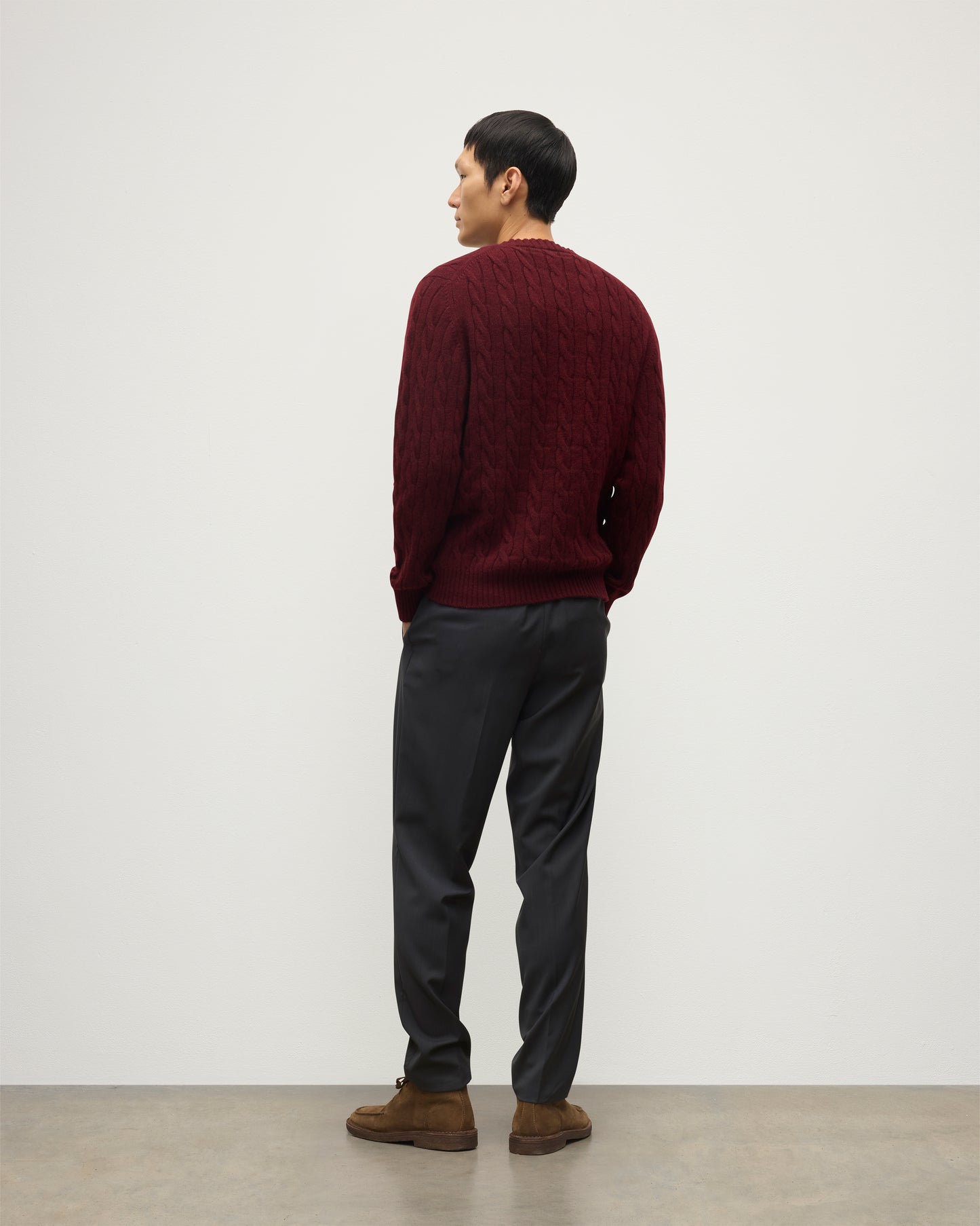 JOHNSTONS OF ELGIN MENS CALDER CREW SWEATER DARK RED 100% CASHMERE WITH BELTED NAVY TROUSERS KAA05754HE7068