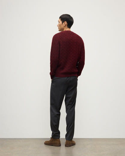 JOHNSTONS OF ELGIN MENS CALDER CREW SWEATER DARK RED 100% CASHMERE WITH BELTED NAVY TROUSERS KAA05754HE7068