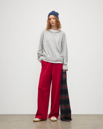 JOHNSTON OF ELGIN WOMENS STELLA SWEATSHIRT GREY 100% CASHMERE WITH COLL RED CASHMER TROUSERS, NAVY BEANIE AND BLACK STEWART CASHMERE SCARF KAA05770HA0399