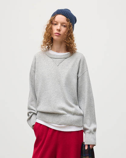 JOHNSTON OF ELGIN WOMENS STELLA SWEATSHIRT GREY 100% CASHMERE WITH COLL RED CASHMER TROUSERS, NAVY BEANIE AND BLACK STEWART CASHMERE SCARF KAA05770HA0399