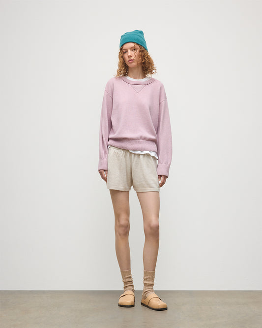 JOHNSTONS OF ELGIN WOMENS STELLA SWEATSHIRT PINK 100% CASHMERE WITH NATURAL CASHMERE SHORTS, AND VERDIGRIS BRAEMAR CASHMERE BEANIE KAA05770HE0071