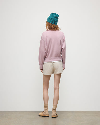 JOHNSTONS OF ELGIN WOMENS STELLA SWEATSHIRT PINK 100% CASHMERE WITH NATURAL CASHMERE SHORTS, AND VERDIGRIS BRAEMAR CASHMERE BEANIE KAA05770HE0071