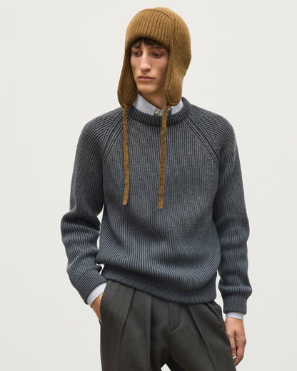 JOHNSTONS OF ELGIN PIONEER CREW SWEATER CASHMERE RIBBED OMBRE CREW NECK SWEATER - 6 PLY GREY 100% CASHMERE WITH DEWAR CASHMERE DEER STALKER HAT KAA05954Q26322