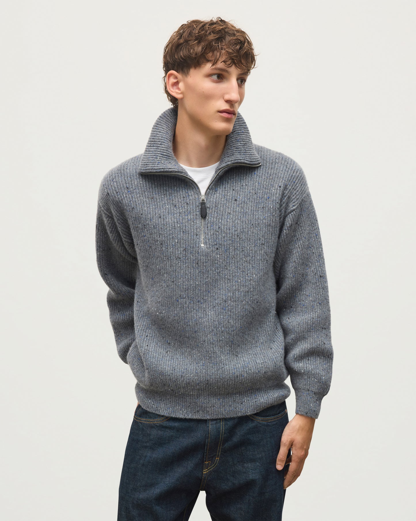JOHNSTONS OF ELGIN KINNAIRD HALF ZIP SWEATER DONEGAL CASHMERE RIBBED ZIP NECK SWEATER GREY 100% CASHMERE KAA05985HA4270