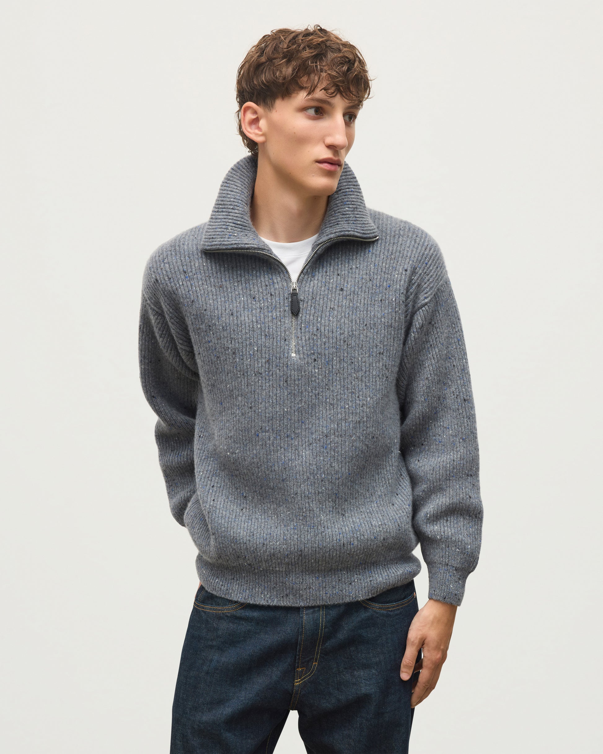 JOHNSTONS OF ELGIN KINNAIRD HALF ZIP SWEATER DONEGAL CASHMERE RIBBED ZIP NECK SWEATER GREY 100% CASHMERE KAA05985HA4270