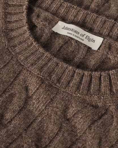 JOHNSTONS OF ELGIN KYLESKU CREW SWEATER CASHMERE CABLE ROUND NECK SWEATER BROWN 100% CASHMERE KAA06028HB7126