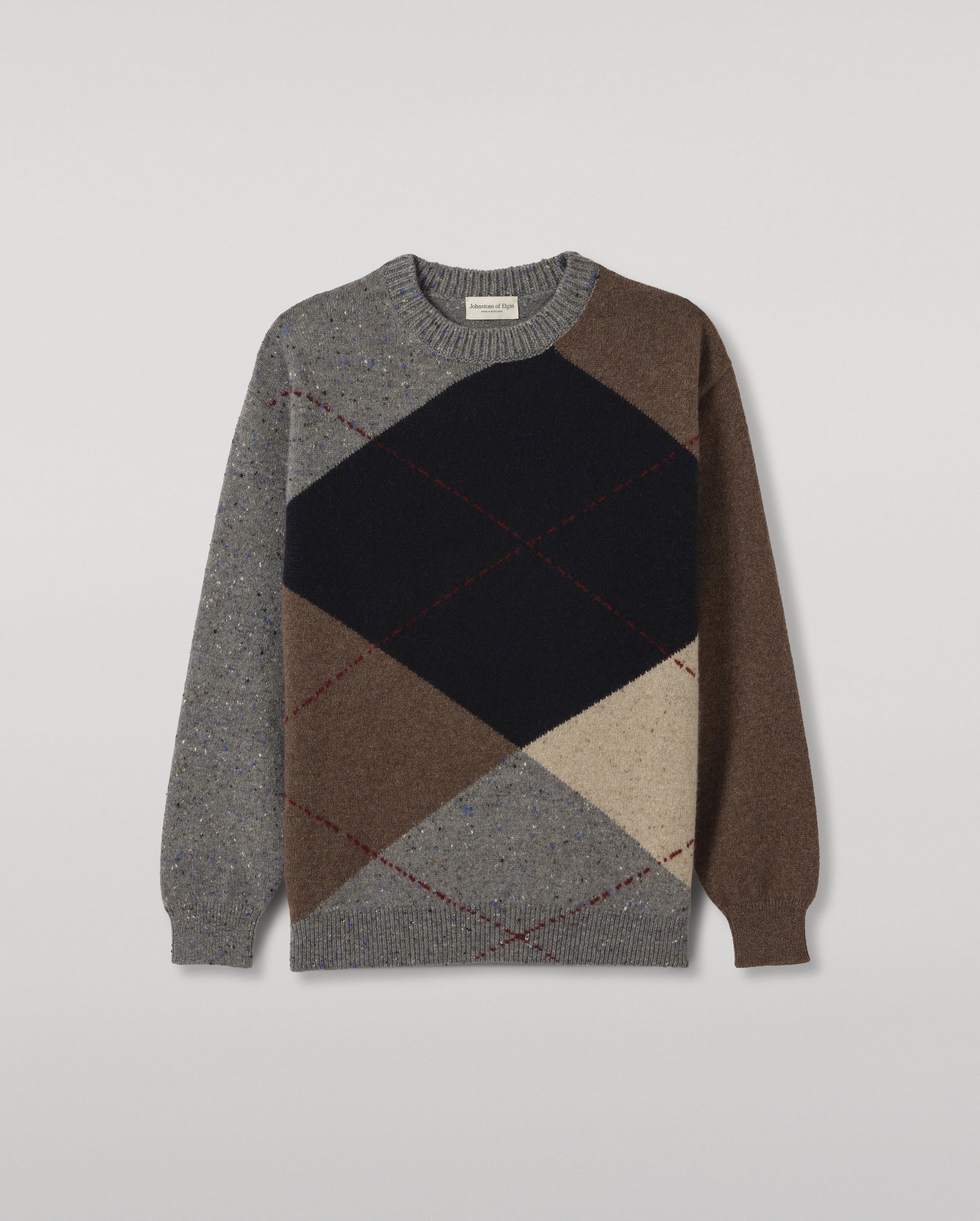 JOHNSTONS OF ELGIN MONTEITH CREW SWEATER DONEGAL CASHMERE EXPLODED ARGYLE CREW SWEATER GREY 100% CASHMERE KAA06033JU1639