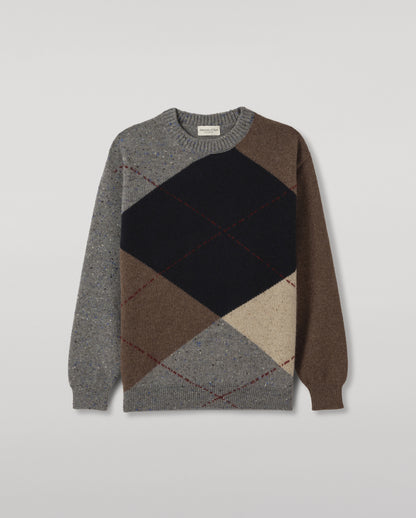 JOHNSTONS OF ELGIN MONTEITH CREW SWEATER DONEGAL CASHMERE EXPLODED ARGYLE CREW SWEATER GREY 100% CASHMERE KAA06033JU1639