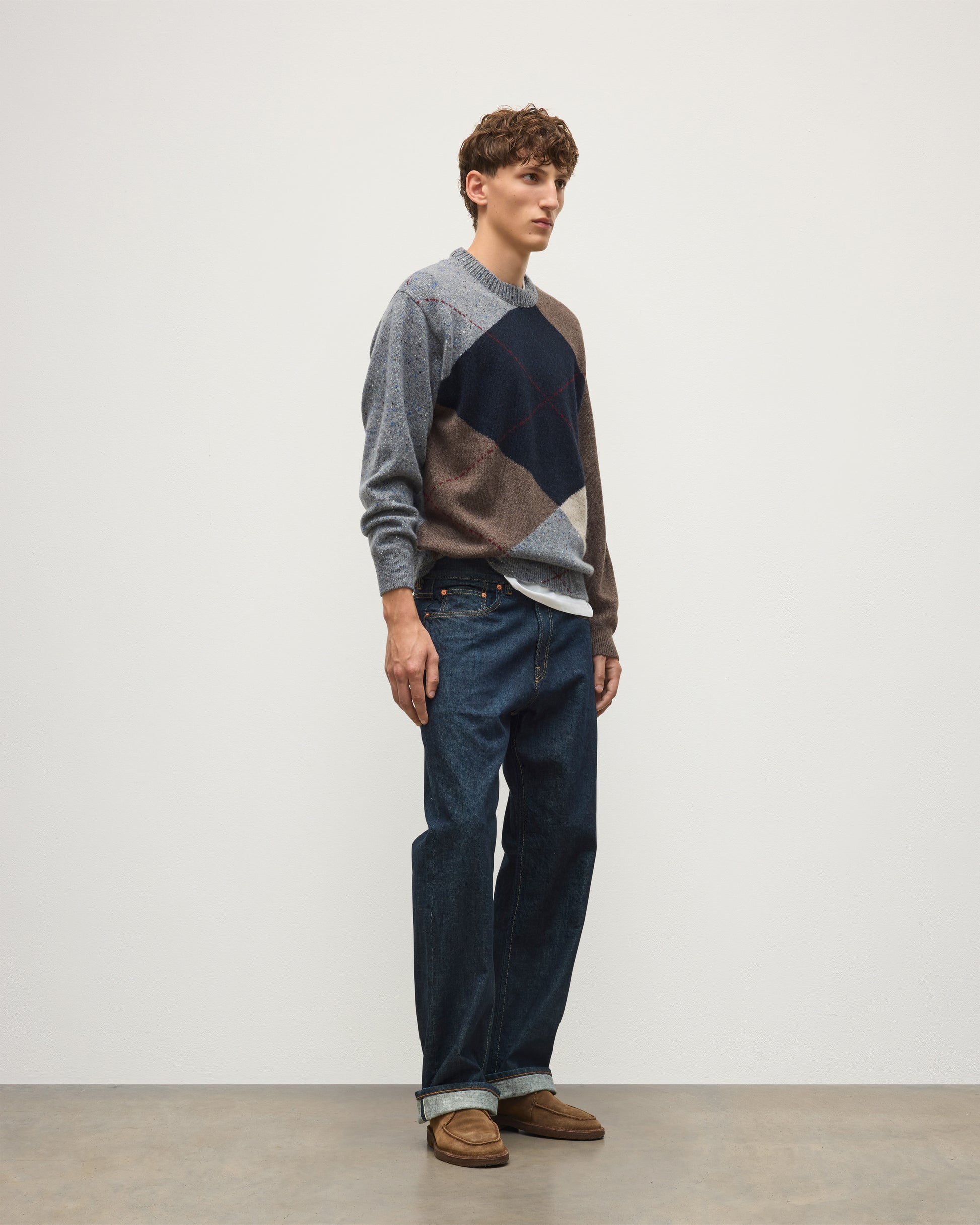 JOHNSTONS OF ELGIN MONTEITH CREW SWEATER DONEGAL CASHMERE EXPLODED ARGYLE CREW SWEATER GREY 100% CASHMERE KAA06033JU1639
