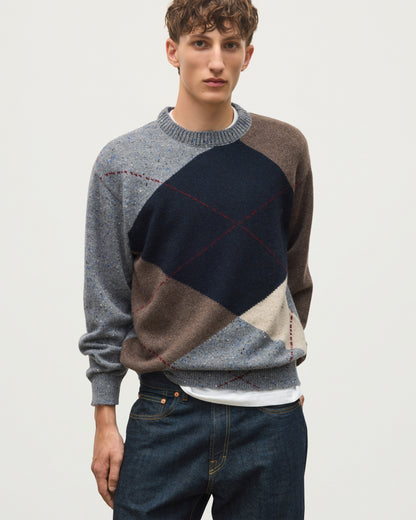 JOHNSTONS OF ELGIN MONTEITH CREW SWEATER DONEGAL CASHMERE EXPLODED ARGYLE CREW SWEATER GREY 100% CASHMERE KAA06033JU1639