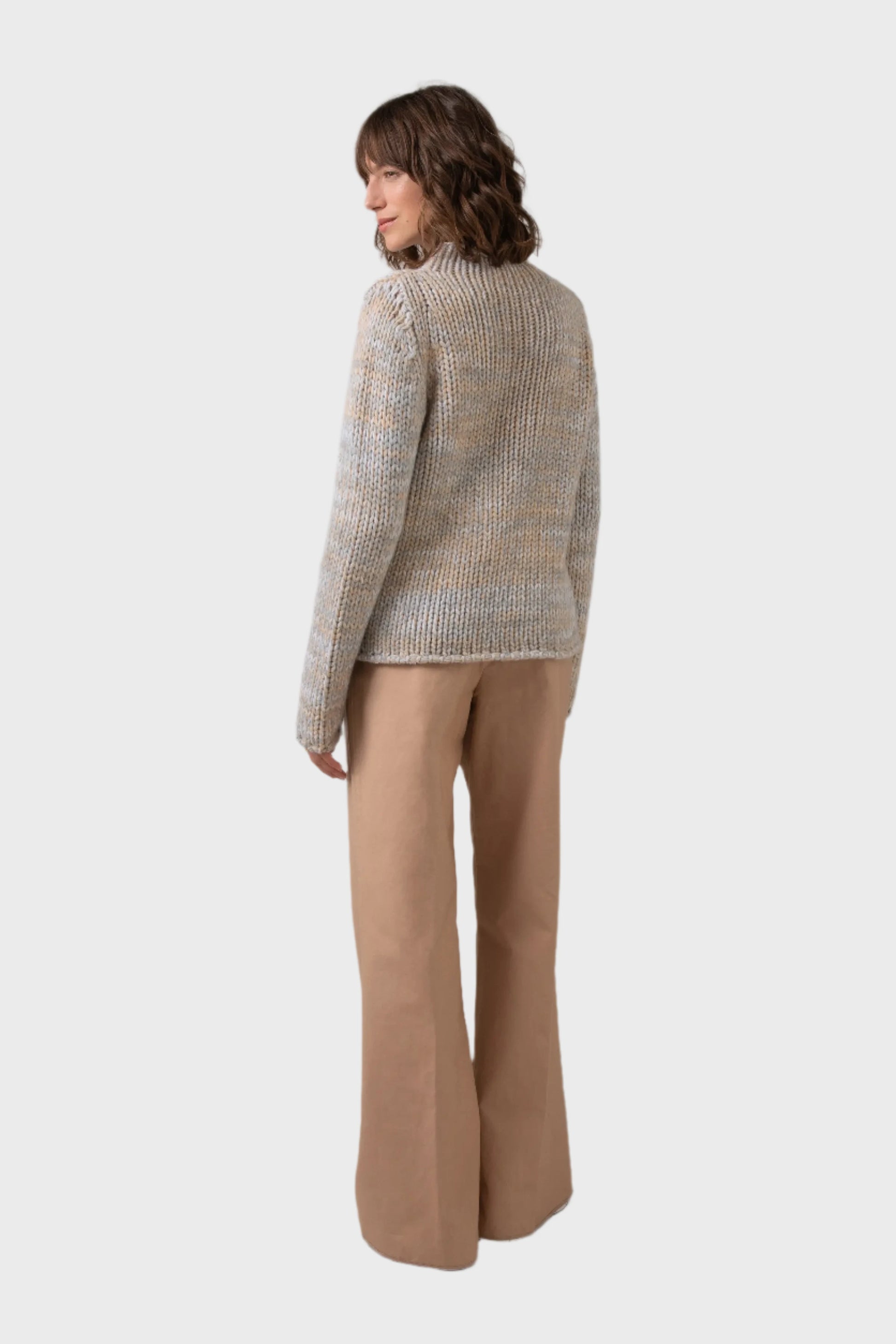 Johnstons of Elgin Women's Luxe Marl Cashmere Funnel Neck Jumper in Camel on a grey background KAB05088Q23727