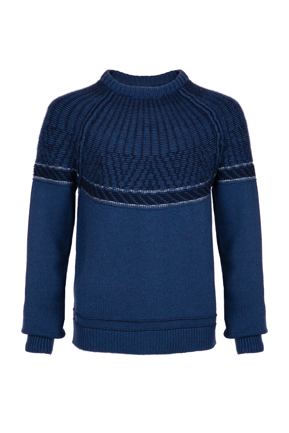 Johnstons of Elgin’s Men's Fairisle Yoke Cashmere Jumper in Ocean blue KAB05108Q23716